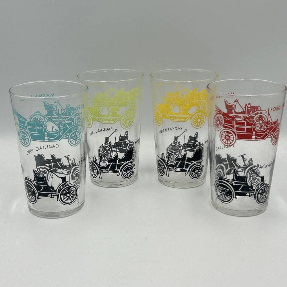 Federal Glass MCM Antique Automobile Glasses Ford Maxwell Cadillac Packard Set 4